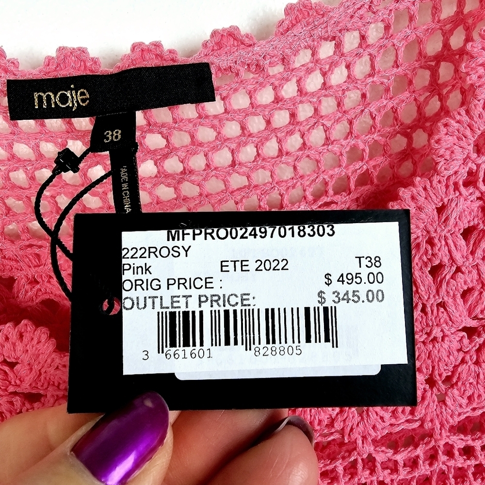 Maje Rosy Pink Crochet Fringe Short Sleeve Mini Dress NWT - Picture 9 of 16